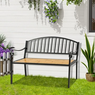 Outsunny 50" Garden Bench, Patio Loveseat With Antique Backrest, Wood Seat And Steel Frame For Backyard Or Porch 4 Outsunny 50" Garden Bench, Patio Loveseat With Antique Backrest, Wood Seat And Steel Frame For Backyard Or Porch - Image 2