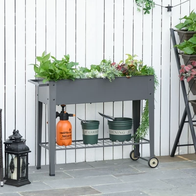 Outsunny 41" X 15" X 32" Raised Garden Bed Elevated With 2 Wheels, Bottom Shelf For Storing Tools, & Water Drainage Hole 3 Outsunny 41" X 15" X 32" Raised Garden Bed Elevated With 2 Wheels, Bottom Shelf For Storing Tools, & Water Drainage Hole