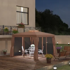 Outsunny 10' X 10' Patio Gazebo Outdoor Canopy Shelter With Double Vented Roof, Netting And Curtains For Garden, Lawn, Backyard And Deck