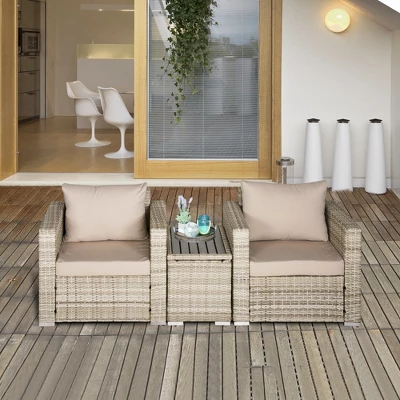Outsunny 3 Piece Patio Furniture Set, PE Rattan Small Wicker Balcony Furniture, Table & Chairs With Cushions Composite Table For Apartment, Gray 3 Outsunny 3 Piece Patio Furniture Set, PE Rattan Small Wicker Balcony Furniture, Table & Chairs With Cushions Composite Table For Apartment, Gray