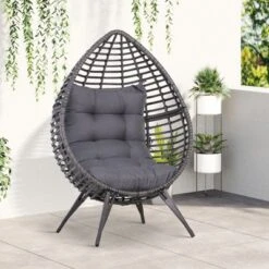 Outsunny Patio Wicker Lounge Chair With Soft Cushion, Outdoor/Indoor PE Rattan Egg Teardrop Cuddle Chair With Height Adjustable Knob For Backyard Garden Lawn Living Room