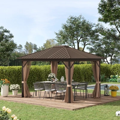 Outsunny 11.9" X 9.8" Hardtop Gazebo With Curtains And Netting, Permanent Pavilion Metal Roof Gazebo Canopy With Aluminum Frame And Top Hook, Brown 3 Outsunny 11.9" X 9.8" Hardtop Gazebo With Curtains And Netting, Permanent Pavilion Metal Roof Gazebo Canopy With Aluminum Frame And Top Hook, Brown
