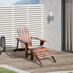 Outsunny Adirondack Chair With Ottoman, Wooden Patio Fire Pit Chair With Footrest With Wide Armrests For Backyard, Garden, Lawn, Rustic Brown