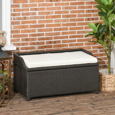Outsunny Storage Bench Rattan Wicker Garden Deck Box Bin With Interior Waterproof Bag And Comfy Cushion, Cream White 3 Outsunny Storage Bench Rattan Wicker Garden Deck Box Bin With Interior Waterproof Bag And Comfy Cushion, Cream White