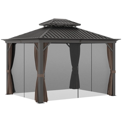 Outsunny Patio Gazebo 12' X 10', Netting & Curtains, Double Vented Steel Roof, Permanent Hardtop, Ceiling Hooks, Rust Proof Aluminum Frame, Dark Brown 5 Outsunny Patio Gazebo 12' X 10', Netting & Curtains, Double Vented Steel Roof, Permanent Hardtop, Ceiling Hooks, Rust Proof Aluminum Frame, Dark Brown - Image 3