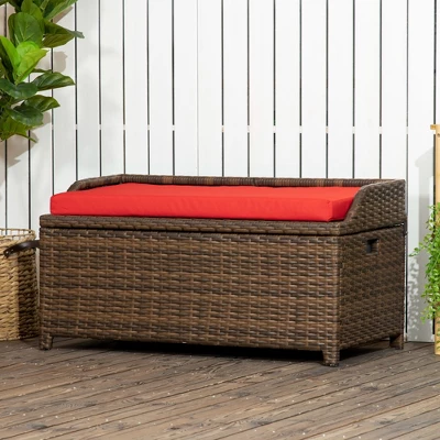 Outsunny Patio Wicker Storage Bench, Cushioned Outdoor PE Rattan Patio Furniture, Assisted Easy Open, Two-In-One Seat Box With Handles Seat, Red 3 Outsunny Patio Wicker Storage Bench, Cushioned Outdoor PE Rattan Patio Furniture, Assisted Easy Open, Two-In-One Seat Box With Handles Seat, Red