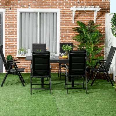 Outsunny 7 Piece Patio Dining Set For 6, Expandable Outdoor Table, Folding & Reclining Chairs, Aluminum Frames, Mesh Fabric Seats, Black 4 Outsunny 7 Piece Patio Dining Set For 6, Expandable Outdoor Table, Folding & Reclining Chairs, Aluminum Frames, Mesh Fabric Seats, Black - Image 2