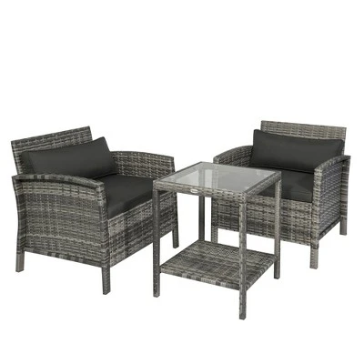 Outsunny 3 Pcs Rattan Wicker Bistro Set With Soft Cushions, Outdoor Conversation Coffee Sets With Glass Table Top And Open Storage Shelf For Patio, Backyard, Garden 7 Outsunny 3 Pcs Rattan Wicker Bistro Set With Soft Cushions, Outdoor Conversation Coffee Sets With Glass Table Top And Open Storage Shelf For Patio, Backyard, Garden - Image 5