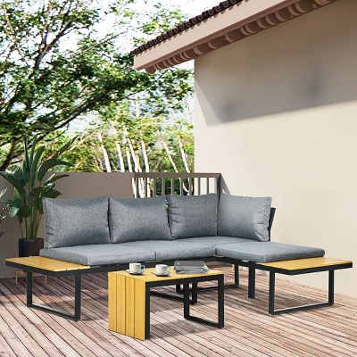 Outsunny 3 Piece Patio Furniture Set, Outdoor Sofa Set With Chaise Lounge & Loveseat, Soft Cushions, Woodgrain Plastic Table, L-Shaped Sectional, Gray 3 Outsunny 3 Piece Patio Furniture Set, Outdoor Sofa Set With Chaise Lounge & Loveseat, Soft Cushions, Woodgrain Plastic Table, L-Shaped Sectional, Gray