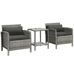 Outsunny 3 Pcs Rattan Wicker Bistro Set With Soft Cushions, Outdoor Conversation Coffee Sets With Glass Table Top And Open Storage Shelf For Patio, Backyard, Garden 16 Outsunny 3 Pcs Rattan Wicker Bistro Set With Soft Cushions, Outdoor Conversation Coffee Sets With Glass Table Top And Open Storage Shelf For Patio, Backyard, Garden -Outsunny GUEST 1ad37df2 065c 495f a133 3e5b75f7033c
