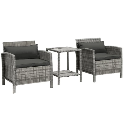 Outsunny 3 Pcs Rattan Wicker Bistro Set With Soft Cushions, Outdoor Conversation Coffee Sets With Glass Table Top And Open Storage Shelf For Patio, Backyard, Garden 8 Outsunny 3 Pcs Rattan Wicker Bistro Set With Soft Cushions, Outdoor Conversation Coffee Sets With Glass Table Top And Open Storage Shelf For Patio, Backyard, Garden - Image 6