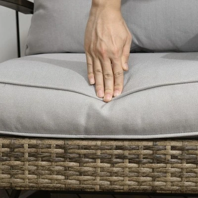 Outsunny 3-Piece Patio Bistro Set, PE Rattan Wicker Outdoor Furniture With Soft Cushions, 2 Rocking Chairs, Slatted Coffee Table, Gray 7 Outsunny 3-Piece Patio Bistro Set, PE Rattan Wicker Outdoor Furniture With Soft Cushions, 2 Rocking Chairs, Slatted Coffee Table, Gray - Image 5