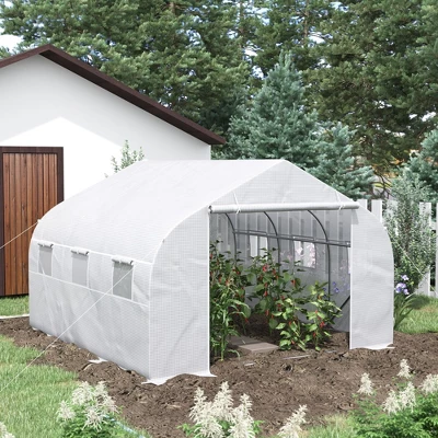 Outsunny 12' X 10' X 7' Walk-in Outdoor Tunnel Greenhouse, PE Cover, Steel Frame, Roll-Up Zipper Door & 6 Windows For Tropical Plants, White 4 Outsunny 12' X 10' X 7' Walk-in Outdoor Tunnel Greenhouse, PE Cover, Steel Frame, Roll-Up Zipper Door & 6 Windows For Tropical Plants, White - Image 2