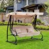 Outsunny 3 Seat Outdoor Free Standing Swing Bench Porch Swing With Stand, Comfortable Cushioned Fabric & Included Canopy