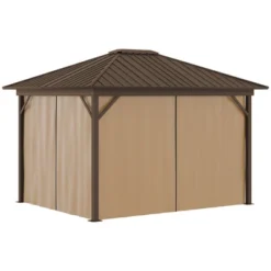 Outsunny 11.9" X 9.8" Hardtop Gazebo With Curtains And Netting, Permanent Pavilion Metal Roof Gazebo Canopy With Aluminum Frame And Top Hook, Brown 9 Outsunny 11.9" X 9.8" Hardtop Gazebo With Curtains And Netting, Permanent Pavilion Metal Roof Gazebo Canopy With Aluminum Frame And Top Hook, Brown -Outsunny GUEST 22bd628b e540 4a29 a0d9 f3335745b14f
