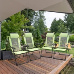 Outsunny Set Of 4 Folding Patio Chairs, Camping Chairs With Adjustable Sling Back, Removable Headrest, Armrest For Garden, Backyard, Lawn, Green