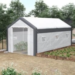 Outsunny 20' X 10' X 9' Walk-In Greenhouse, Outdoor Gardening Canopy With 6 Roll-up Windows, 2 Zippered Doors & Weather Cover, White