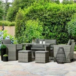 Outsunny Patio Dining Set, PE Rattan Furniture With 2 Chairs With Cushions & Outdoor Loveseat Sofa, Woodgrain Slatted Dinner Table, Mixed Gray -Outsunny GUEST 2c7a9ea2 f8e7 4741 afe0 802c1ae4ad57