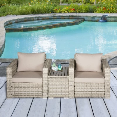 Outsunny 3 Piece Patio Furniture Set, PE Rattan Small Wicker Balcony Furniture, Table & Chairs With Cushions Composite Table For Apartment, Gray 4 Outsunny 3 Piece Patio Furniture Set, PE Rattan Small Wicker Balcony Furniture, Table & Chairs With Cushions Composite Table For Apartment, Gray - Image 2