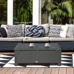OUTSUNNY Ousunny Patio Furniture, Wicker Coffee Table, Hand-Woven PE Rattan Side Table With A Tempered Glass Top, 33.5" X 19.75", Black