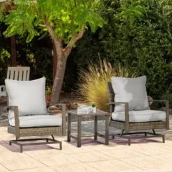 Outsunny 3-Piece Patio Bistro Set, PE Rattan Wicker Outdoor Furniture With Soft Cushions, 2 Rocking Chairs, Slatted Coffee Table, Gray