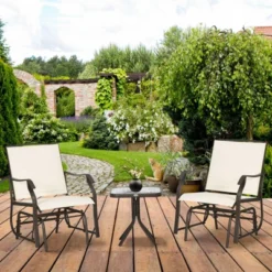 Outsunny 3 Piece Outdoor Glider Chair With Coffee Table Bistro Set, 2 Patio Rocking Chairs With Breathable Sling Fabric, Glass Tabletop, Cream White