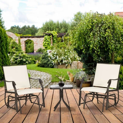Outsunny 3 Piece Outdoor Glider Chair With Coffee Table Bistro Set, 2 Patio Rocking Chairs With Breathable Sling Fabric, Glass Tabletop, Cream White 3 Outsunny 3 Piece Outdoor Glider Chair With Coffee Table Bistro Set, 2 Patio Rocking Chairs With Breathable Sling Fabric, Glass Tabletop, Cream White