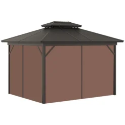 Outsunny Outdoor Hardtop Gazebo Galvanized Steel Canopy With Aluminum Frame Double Vented Roof Pergola With Netting And Curtains For Patios, Gardens, Lawns, Dark Brown -Outsunny GUEST 3d44d853 a2bd 4801 bfbb da1d35ded054