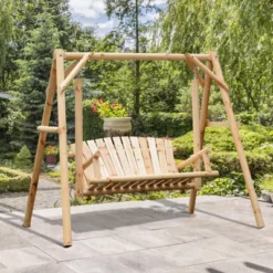 Outsunny 6.5' Outdoor Rustic Loveseat Solid Wood Natural Log Garden Swing