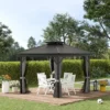 Outsunny 10' X 10' Metal Hardtop Gazebo With Mesh Sidewalls & Curtains, Double Roof Pavilion For Patio, Backyard, Deck, Porch, Gray