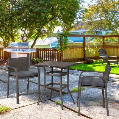 Outsunny 3 PCS Rattan Wicker Bar Set With Wood Grain Top Table And 2 Bar Stools For Outdoor, Patio, Poolside, Garden 3 Outsunny 3 PCS Rattan Wicker Bar Set With Wood Grain Top Table And 2 Bar Stools For Outdoor, Patio, Poolside, Garden