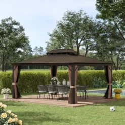 Outsunny Patio Gazebo 15.9' X 12', Netting & Curtains, 2 Tier Double Vented Steel Roof, Hardtop, Ceiling Hooks, Rust Proof Aluminum, Brown -Outsunny GUEST 4324088d 44cd 4083 a4f1 440d72d0325d