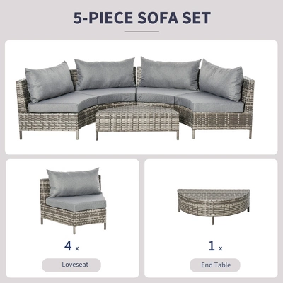Outsunny 5-piece Half-Moon Outdoor Sectional Sofa, PE Rattan Wicker Furniture With Couch, Table & Cushions, Gray 8 Outsunny 5-piece Half-Moon Outdoor Sectional Sofa, PE Rattan Wicker Furniture With Couch, Table & Cushions, Gray - Image 6
