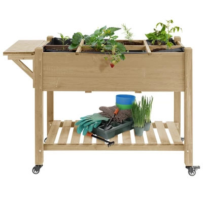 Outsunny 49" X 21" X 34" Raised Garden Bed W/ 8 Grow Grids, Outdoor Wood Plant Box Stand W/ Folding Side Table And Wheels, Natural 5 Outsunny 49" X 21" X 34" Raised Garden Bed W/ 8 Grow Grids, Outdoor Wood Plant Box Stand W/ Folding Side Table And Wheels, Natural - Image 3