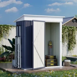 Outsunny 44 Outsunny 5' X 3' Steel Outdoor Storage Shed, Small Lean-to Shed For Garden, Tools, Tiny Metal Garage, Floor Base, Shelf, Lock, Dark Gray