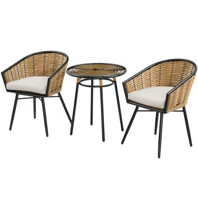 Outsunny 3 Pieces Patio PE Rattan Bistro Set, Outdoor Round Resin Wicker Coffee Set, W/ 2 Chairs & 1 Coffee Table Conversation Furniture Set, For Garden, Backyard, Deck 4 Outsunny 3 Pieces Patio PE Rattan Bistro Set, Outdoor Round Resin Wicker Coffee Set, W/ 2 Chairs & 1 Coffee Table Conversation Furniture Set, For Garden, Backyard, Deck - Image 2