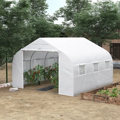 Outsunny 12' X 10' X 7' Walk-in Outdoor Tunnel Greenhouse, PE Cover, Steel Frame, Roll-Up Zipper Door & 6 Windows For Tropical Plants, White 3 Outsunny 12' X 10' X 7' Walk-in Outdoor Tunnel Greenhouse, PE Cover, Steel Frame, Roll-Up Zipper Door & 6 Windows For Tropical Plants, White