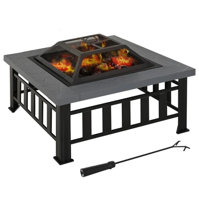 Outsunny 34" Outdoor Fire Pit Square Steel Wood Burning Firepit Bowl With Spark Screen, Waterproof Cover, Log Grate, Poker For BBQ, Bonfire 5 Outsunny 34" Outdoor Fire Pit Square Steel Wood Burning Firepit Bowl With Spark Screen, Waterproof Cover, Log Grate, Poker For BBQ, Bonfire - Image 3