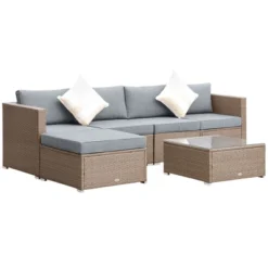 Outsunny 6 Piece Patio Furniture Set Outdoor Wicker Conversation PE Rattan Sectional Sofa Set With Ottoman, Tempered Glass Table, Gray -Outsunny GUEST 54033bb2 4bc6 45fc 885d 1fa888d5b589
