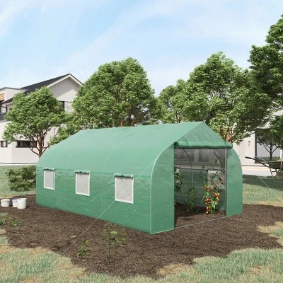 Outsunny 9.8' X 11.4' X 6.8' Outdoor Walk-In Tunnel Greenhouse Hot House With Roll-up Windows, Zippered Door, PE Cover, Green 3 Outsunny 9.8' X 11.4' X 6.8' Outdoor Walk-In Tunnel Greenhouse Hot House With Roll-up Windows, Zippered Door, PE Cover, Green