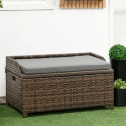 Outsunny 22 Outsunny Storage Bench Rattan Wicker Garden Deck Box Bin With Interior Waterproof Bag And Comfy Cushion, Gray