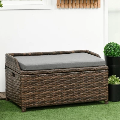 Outsunny Storage Bench Rattan Wicker Garden Deck Box Bin With Interior Waterproof Bag And Comfy Cushion, Gray 2 Outsunny Storage Bench Rattan Wicker Garden Deck Box Bin With Interior Waterproof Bag And Comfy Cushion, Gray