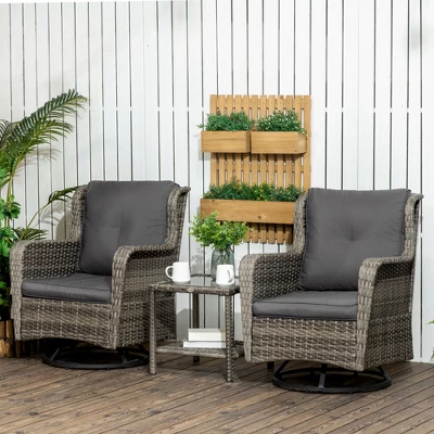 Outsunny 3-Piece Patio Bistro Set, PE Rattan Wicker Outdoor Furniture, Soft Cushions, 2 360 Swivel Rocking Chairs, 2-Tier Coffee Table 3 Outsunny 3-Piece Patio Bistro Set, PE Rattan Wicker Outdoor Furniture, Soft Cushions, 2 360 Swivel Rocking Chairs, 2-Tier Coffee Table