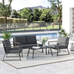 Outsunny 4 Piece Patio Furniture Set, Aluminum Conversation Set, Outdoor Garden Sofa Set With Armchairs, Loveseat, Center Coffee Table And Cushions