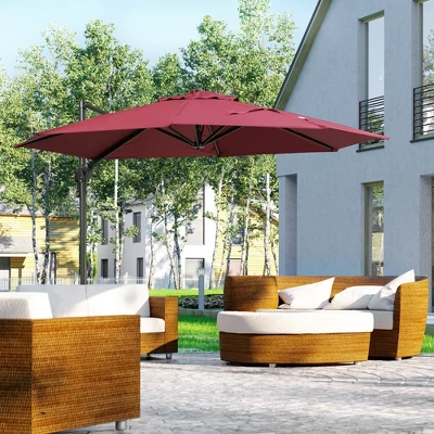 Outsunny 9.8' Offset Patio Umbrella With Base, Steel Aluminum Cantilever Umbrella With 360-degree Rotation, Tilt, 8 Ribs, Crank, Cross Base, Red 3 Outsunny 9.8' Offset Patio Umbrella With Base, Steel Aluminum Cantilever Umbrella With 360-degree Rotation, Tilt, 8 Ribs, Crank, Cross Base, Red