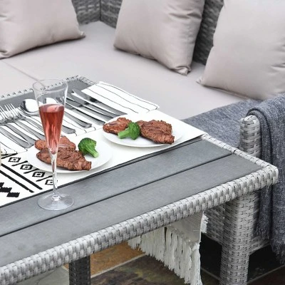 Outsunny 5 Piece Patio Furniture Set, Outdoor L-Shaped Sectional Sofa With 3 Loveseats, 2 Ottoman Chairs, Dining Table, Cushions, Storage, Beige 4 Outsunny 5 Piece Patio Furniture Set, Outdoor L-Shaped Sectional Sofa With 3 Loveseats, 2 Ottoman Chairs, Dining Table, Cushions, Storage, Beige - Image 2