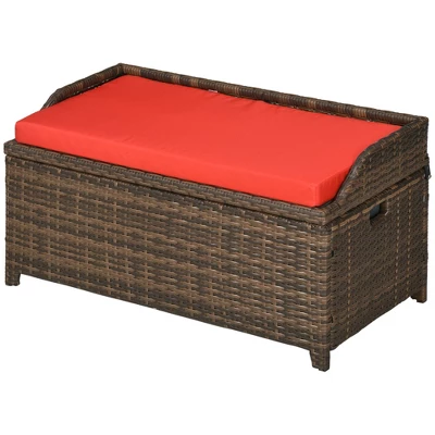 Outsunny Patio Wicker Storage Bench, Cushioned Outdoor PE Rattan Patio Furniture, Assisted Easy Open, Two-In-One Seat Box With Handles Seat, Red 5 Outsunny Patio Wicker Storage Bench, Cushioned Outdoor PE Rattan Patio Furniture, Assisted Easy Open, Two-In-One Seat Box With Handles Seat, Red - Image 3