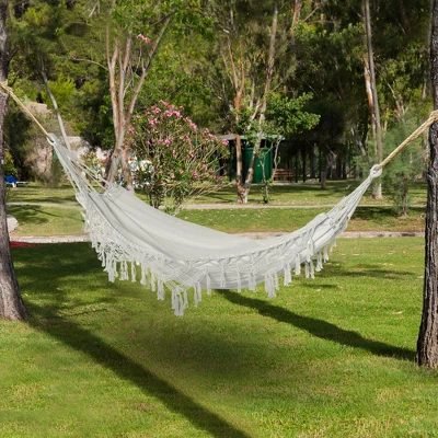 Outsunny Extra Large Boho Hammock With Macrame Tassel Fringe, Includes Carrying Bag, Indoor Outdoor Tree Hammock For Porch, Backyard, Camping, White 4 Outsunny Extra Large Boho Hammock With Macrame Tassel Fringe, Includes Carrying Bag, Indoor Outdoor Tree Hammock For Porch, Backyard, Camping, White - Image 2