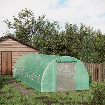 Outsunny 26' X 10' X 7' Walk-in Tunnel Hoop Greenhouse, PE Cover, Steel Frame, Roll-Up Zipper Door And Mesh Windows For Flowers And Vegetables, Green 3 Outsunny 26' X 10' X 7' Walk-in Tunnel Hoop Greenhouse, PE Cover, Steel Frame, Roll-Up Zipper Door And Mesh Windows For Flowers And Vegetables, Green