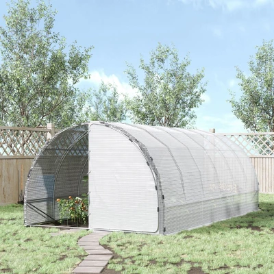 Outsunny 20' X 10' X 7' Large Walk-in Greenhouse, Steel Frame, PE Cover, 2 Doors, Outdoor Tunnel Hoop Hot House Kit, White 4 Outsunny 20' X 10' X 7' Large Walk-in Greenhouse, Steel Frame, PE Cover, 2 Doors, Outdoor Tunnel Hoop Hot House Kit, White - Image 2